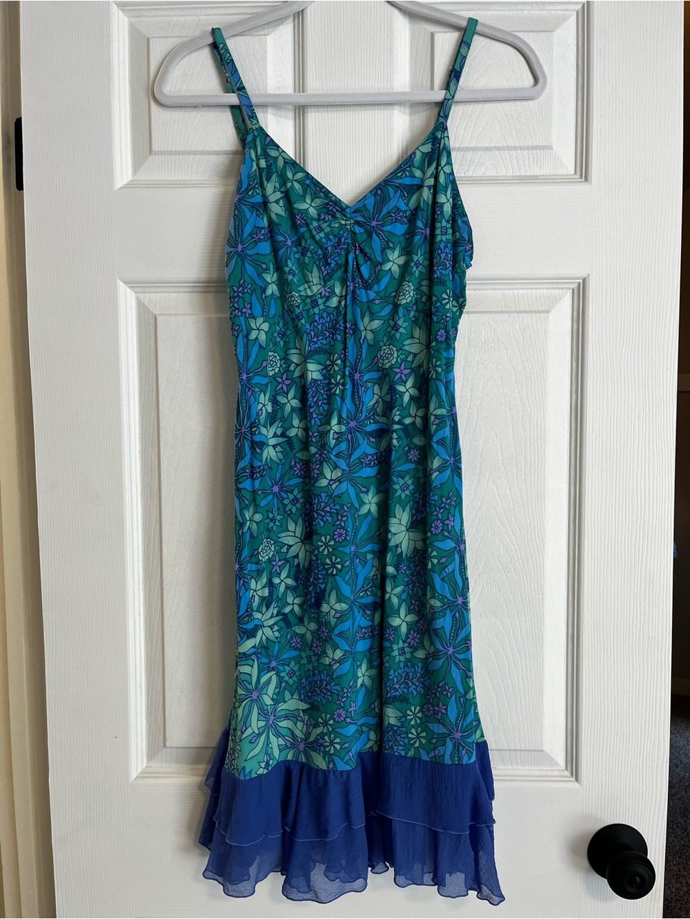 Rainbow Blue-Green Floral Midi Dress with Ruffle Hem